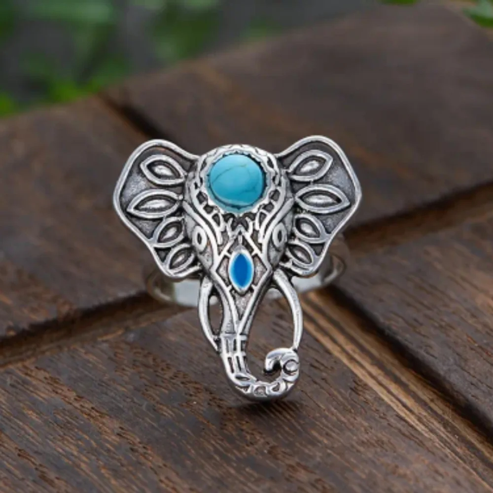 Bohemian Elephant Ring with Turquoise Accent Silver‎ Plated Adjustable Open Band